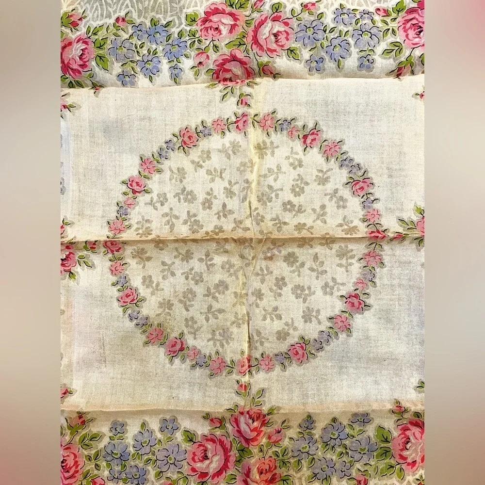 Vintage Franshaw Pink Rose Floral Handkerchief Cotton Batiste Collectible Hanky